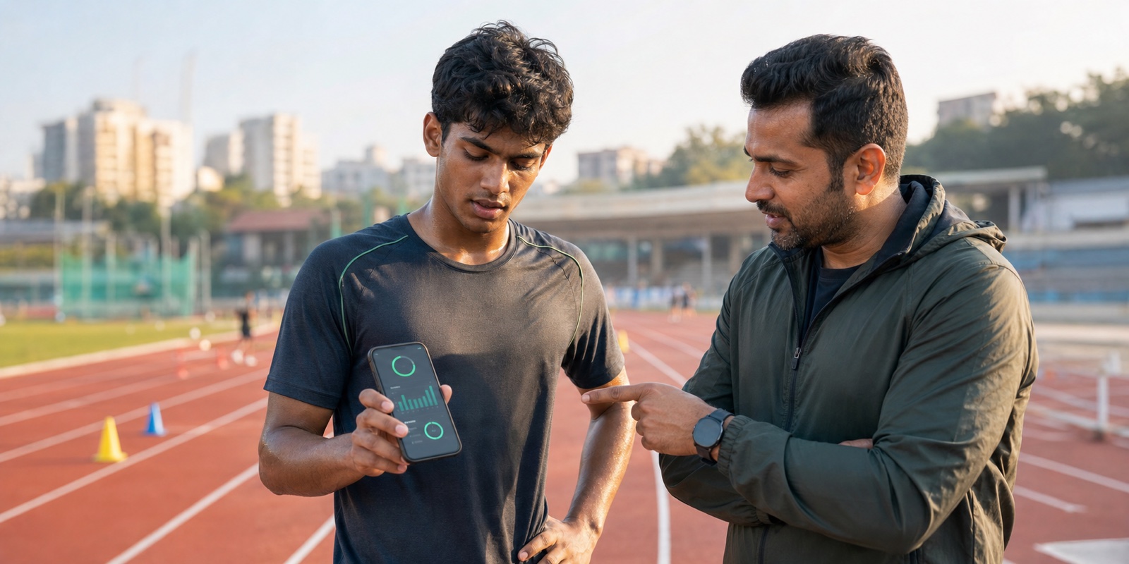 An athlete and coach reviewing progress together on a phone beside a running track